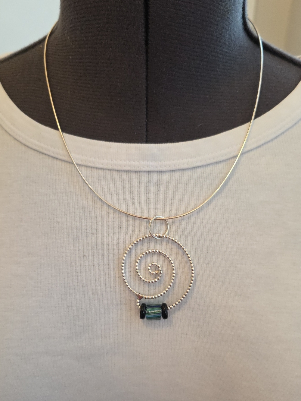 Silver Spiral Coastal Boho Pendant Necklace w Beaded Accent